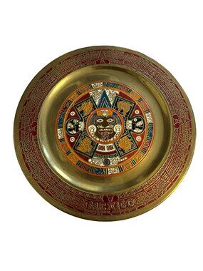 Vintage Aztec Calendar Brass Wall Plate Enamel Mexico Sun Stone 6.5”